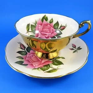 Stunning All Gold Exterior English Roses Rosina Tea Cup and Saucer Set - Picture 1 of 6
