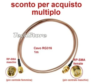 Cavo coassiale RG316 50ohm 1m con connettori RP- SMA Maschio/RP-SMA Femmina RMF2 - Foto 1 di 1
