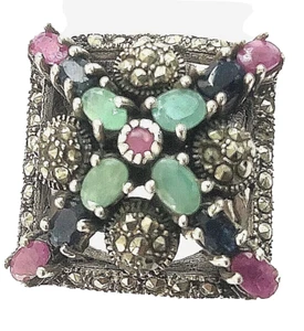 925 Silber Ring Mit Echtem Rubin,Smaragd,Saphir und Markasit Steinen Handarbeit - Bild 1 von 7