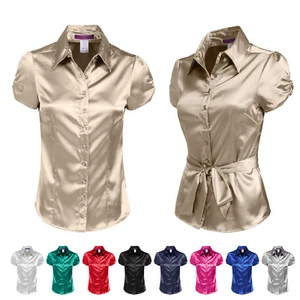 NE PEOPLE Womens Basic Short Sleeve Satin Blouse Top with Waist Tie [NEWT194] - Picture 1 of 52