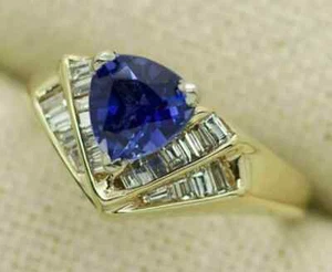 Cocktail-Ehering 14 K Gelbgold über 2 kt Trillionenschliff Tansanit & Diamant - Bild 1 von 5