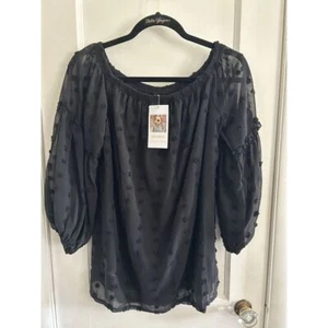 Kirudo Womens L Boho Black Dotted Swiss Lined Long Sleeve NWT - Picture 1 of 4