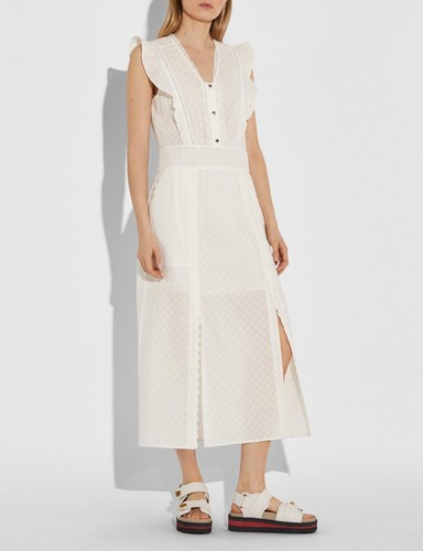 Abito maxi prateria Coach Broderie Anglaise bianco pizzo occhielli 0 2 4 NUOVO