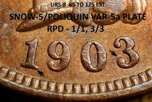 1903 Indian Head Cent - AU+ DETAILS SNOW-5, REPUNCHED DATE (M350) - Picture 1 of 9