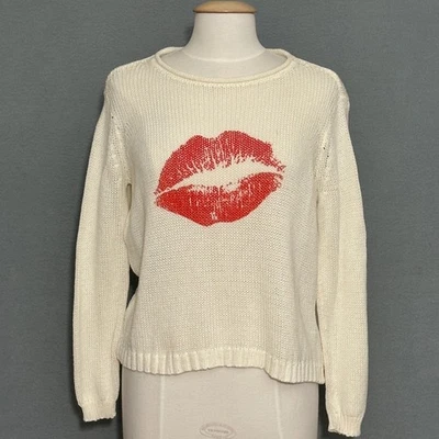 Wooden Ships Womens Sweater S/M Ivory Red Open Kint Lips Kiss Graphic Fun Play - Image 1 of 4