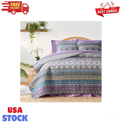 Набор из 3 цветных богемных одеял полуторный размер фиолетовый N серый богемный в полоску - Изображение 1 из 4