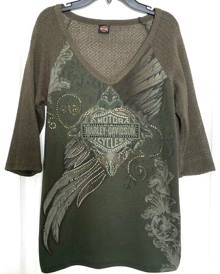 Camiseta HARLEY DAVIDSON Estrás Tejido Abierto Semi Transparente Medios Mixtos Raglán S M Foto 1 de 4