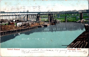 Cartolina d'epoca senica viadotto centrale Cleveland OH Water Port Bridge - Foto 1 di 2