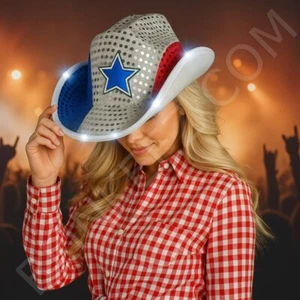 Cappello da cowboy 4 luglio LED rosso bianco blu LED illuminato patriottico cappello paillettes USA - Foto 1 di 13