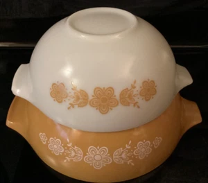 PYREX RÜHRSCHÜSSELN CORNING BUTTERFLY GOLD SET 2 NESTING CINDERELLA KÜCHE 1972 - Bild 1 von 9