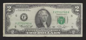 1976 USA $2 Two Dollar Bill Series (F) Number F27727763A Circulated Condition - Picture 1 of 2