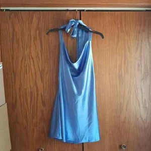 NEW ! Cantonwalker Cowl Halterneck Slip on Backless Satin Mini Dress Blue Size L - Picture 1 of 6