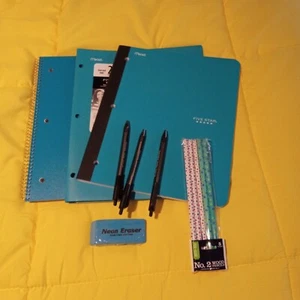 School Supplies Notebooks Folder Pens Pencils Eraser Turquoise 12 Items New Girl - Picture 1 of 7