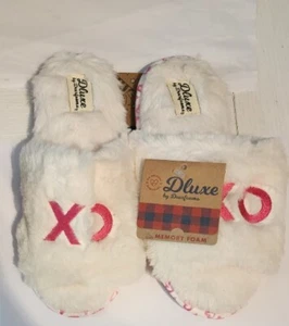 Dluxe by Dearfoams Damenschuhe Plüsch weiß offene Zehenpartie Hausschuhe Small 5-6 NEU - Bild 1 von 6