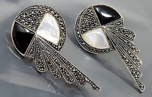 Vtg Judith Jack JJ Sterling Silver Marcasite Black Jade Mother of Pearl Earrings - Picture 1 of 6