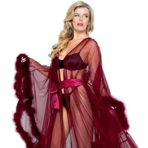 Hollywood Glam Luxury Long Robe Sheer Marabou Trim Long Sleeves Merlot LI532 - Picture 1 of 9