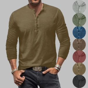 Mens Long Sleeve Casual T-Shirt Tops Slim Fit Buttons Plain Blouse Tee Shirts US - Picture 1 of 28