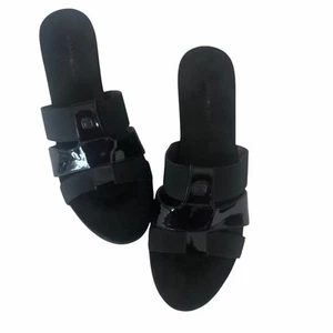 Y2K Bandolino Women Sandal Shoes 8.5 Black Slide Wedge 3 Strap Backless Preppy - Picture 1 of 11