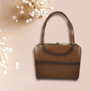 Small Hard Handbag Purse Vintage Brown w/Black accents 5 in Handle Drop 9x7 inch - Picture 1 of 10