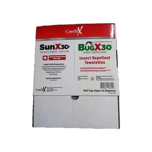 SunX30 Waterproof Sunscreen Lotion 24 Travel Packets 1/4 oz + 24 Bugx30 Case - Picture 1 of 2