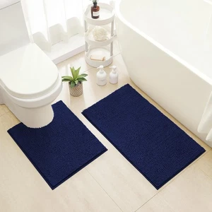 2 PCS Navy Blue Bathroom Rug Set, Non Slip Absorbent Chenille, Toilet Bath Mat - Foto 1 di 7