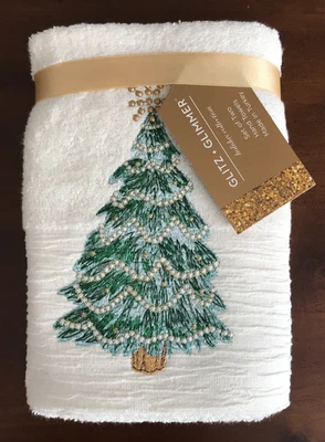 NEW GLITZ & GLIMMER HOLIDAY EMBROIDERED CHRISTMAS TREE HAND TOWELS 2 PACK ~ TREE - Image 1 of 4