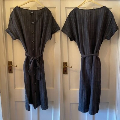 New Farhi By Nicole Farhi Blue & Cream & Brown Stripe Midi Dress & Belt,UK 14/40 - Image 1 of 4