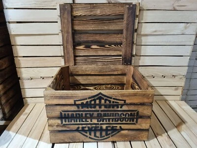 HARLEY DAVIDSON RUSTIC WOODEN APPLE BOX CRATE TRUNK  -  MAN CAVE / SHE SHED - Image 1 of 4