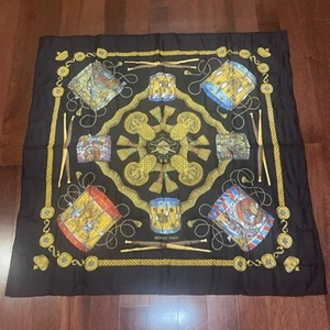 Hermes Carre LES TAMBOURS Scarf Multicolor Silk J-1698 Gold Black - Picture 1 of 13