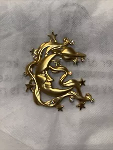 Signed vintage JJ goldtone figural crescent moon celestial brooch AB crystals - Picture 1 of 6