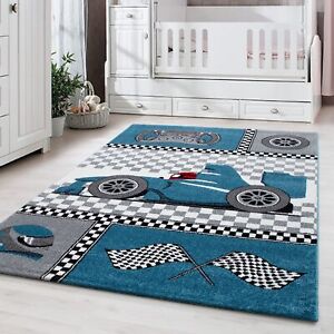 Teppich Kinderzimmer, Kinder-Baby Teppich Blau Rennwagen-Muster, Pflegeleicht