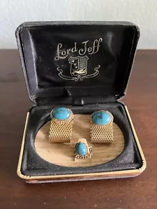 Vintage Faux Turquoise Southwest Wraparound Goldtone Cufflinks matching Tie Pin - Picture 1 of 11