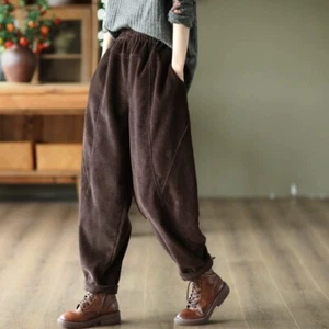 Womens Loose Fashion Elastic Waist Corduroy Harem Pants Casual Long Trousers - Picture 1 of 11