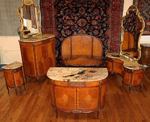 French Marble Top Kingwood Inlaid 7 Piece Bedroom Set Circa 1920 Full Bed Cover