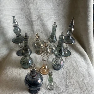 9-Vintage Egyptian Perfume Glass Bottles - Etched/Gold Trim-missing stoppers - Picture 1 of 9