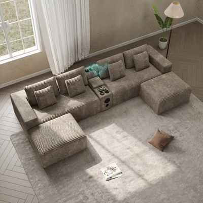 Sofá seccional en forma de U de gran tamaño de 151,6" con consola altavoz Bluetooth puerto USB Foto 1 de 4