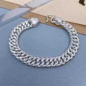 Pure S999 Fine Silver Chain Carved 10mm Fu Pattern Curb Link Bracelet 7.1-8.2in - Picture 1 of 5