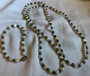 Beautiful Freshwater White & Black Pearl 34" Necklace & 7" Bracelet - Picture 1 of 11