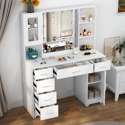 Large Vanity Dressing Table With LED Mirror and 6 Drawers Cabinet Makeup Desk - image 1 of 4