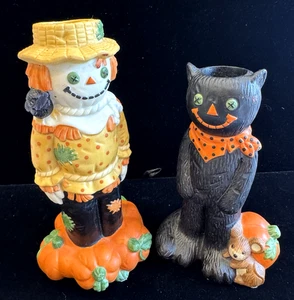 2 Vintage Halloween Black Cat & Scarecrow Candlestick Retro Kitsch HMK 6" - Picture 1 of 18