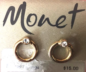 Vintage MONET Gold Tone Earrings with Faux Diamond. - Picture 1 of 5