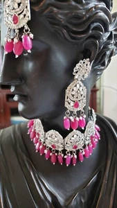 Choker Necklace Earrings Tikka Jewelry Set Bollywood Kundan CZ Pink Silver Tone - Picture 1 of 11