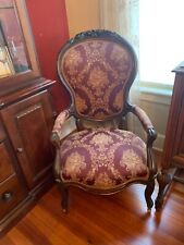 Preowned Unique Antique Victorian Rose Carved armchair upholstered, tapestry. 