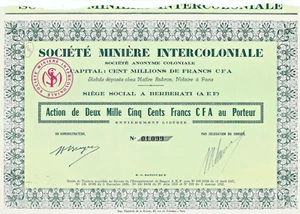Actions - titres N°4 Sté Intercoloniale Minière 2500 Francs CFA Berberati - Imagen 1 de 1