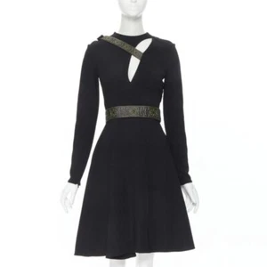 runway VERSACE black Greca stitch leather harness strap fit flare dress IT38 - Picture 1 of 12