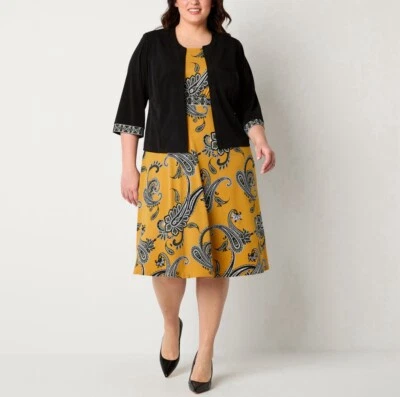 Studio 1 女式 Midi 夹克连衣裙大码 2X 颜色黑色和黄色全新带标签。 — 第 1/4 张图片