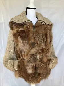 Vintage 1980's Fox Fur Coat Sweater Jacket Knit Oversized Collar YKK Zipper - Picture 1 of 24