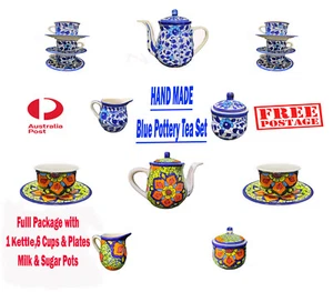 Handmade Blue Pottery Ceramic Tea Set Cups Plates Kettle Sugar & Milk Pots - Picture 1 of 12