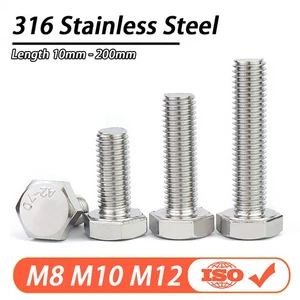 M8 M10 M12 Hex Head Screws Fully Threaded Set Bolts 316 Stainless Steel DIN933 - Picture 1 of 15