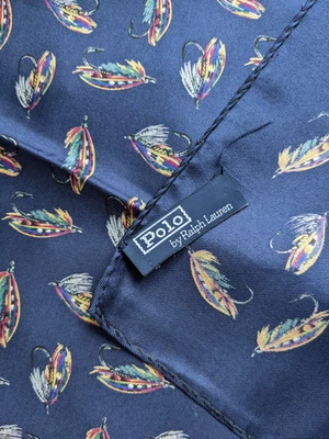 POLO Ralph Lauren ITALY POCKET SQUARE 18" HANDKERCHIEF NAVY BLUE FLY FISH SILK - Image 1 of 2